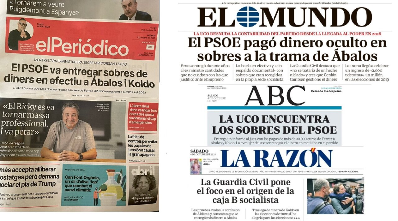 Portades dels diaris El Periódico, El Mundo, ABC i La Razón del 4 d'octubre de 2025.