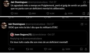 Tuits de Jair Domínguez sobre Puigdemont i ERC a la xarxa X.